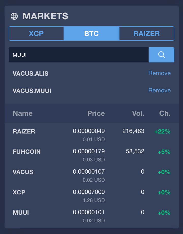 raizercc's tweet photo. [ANNOUNCEMENT] An amazing feature has been implemented on Raizer Dex. Now you can search all Counterparty Token in BTC market! Easily add all of these to the list and take an overview. 

Enjoy your trading journey more with this update! https://t.co/oUoDTZHTfF