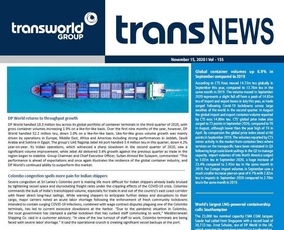 TransworldTweet's tweet photo. #ShippingNewsUpdates - Global #container volumes up 6.9% in September compared to 2019 | #DPWorld returns to throughput growth.
Read more #News related to #Shipping & #Logistics sector: https://t.co/ljr3cloWzV
#TransworldGroup #TransNEWS #ShippingNews https://t.co/9ksza1KzEH