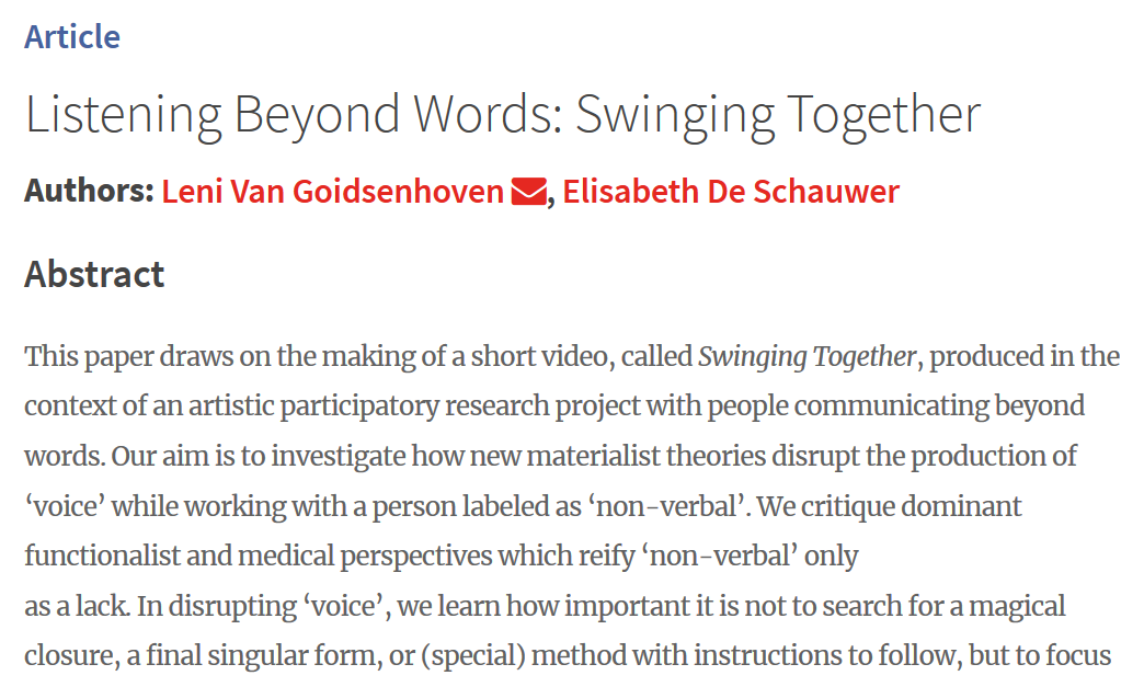 New! 🌠

Van Goidsenhoven, Leni, and Elisabeth De Schauwer 2020. Listening Beyond Words: Swinging Together. Scandinavian Journal of Disability Research, 22(1): 330–339. DOI: doi.org/10.16993/sjdr.…

#disability #openaccess
