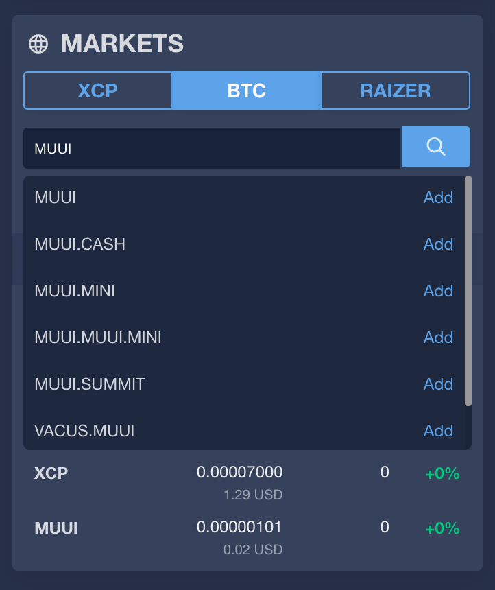 raizercc's tweet photo. [ANNOUNCEMENT] An amazing feature has been implemented on Raizer Dex. Now you can search all Counterparty Token in BTC market! Easily add all of these to the list and take an overview. 

Enjoy your trading journey more with this update! https://t.co/oUoDTZHTfF