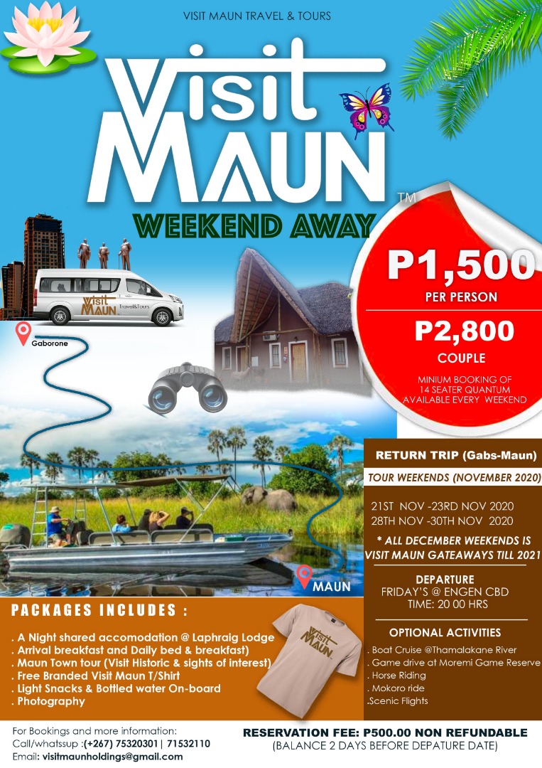visitmaun's tweet image. We depart later tonight(Friday 20th November 2020) for Maun! We hope you have secured your space and are coming with us. Call us now on +267 75 320 301 for that LAST MINUTE booking and come experience #VisitMaunWeekendAway with us. 
#VisitMaun