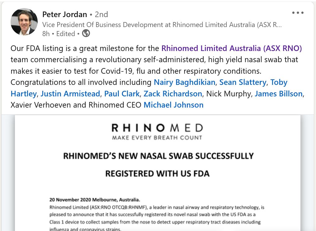 Lot of hard work went into this one! @rhinomedceo  Rhinomed announce the successful FDA listing of their revolutionary self-administered COVID-19 nasal swab ...
