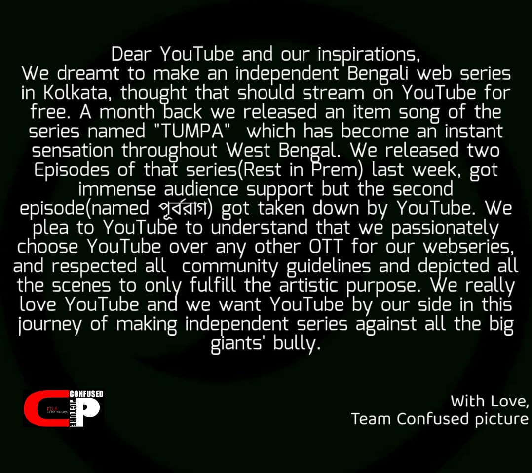 We need Help
Dear <a href="/YouTubeIndia/">YouTube India</a> <a href="/TeamYouTube/">TeamYouTube</a> <a href="/Bhuvan_Bam/">Bhuvan Bam</a> <a href="/TheViralFever/">The Viral Fever</a> <a href="/the_timeliners/">The Timeliners</a> <a href="/DiceMediaIndia/">Dice Media</a> <a href="/ArreTweets/">Arré</a> <a href="/anuragkashyap72/">Anurag Kashyap</a> <a href="/thefilmiindian/">Filmi Indian</a> 
<a href="/BeYouNick182/">Be YouNick</a> <a href="/ashchanchlani/">Ashish Chanchlani</a> <a href="/vyas_sumeet/">Sumeet Vyas</a> <a href="/TheBongGuy/">Kiran</a> <a href="/prosenjitbumba/">Prosenjit Chatterjee</a> <a href="/idevadhikari/">Dev</a>
trailer link- youtu.be/bps0FVaEb0k