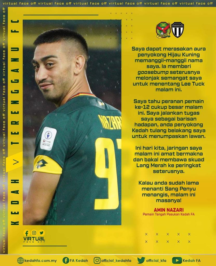 official_kfa's tweet photo. "Saya tahu peranan pemain ke-12 cukup besar malam ini. Saya jalankan tugas saya sebagai barisan hadapan, anda penyokong hijaukuning tulang belakang saya untuk menumpaskan lawan."
#KedahFA
#PulunKedahPulun
#KEDTFC
#VirtualFaceOff https://t.co/GCfWZAKcj1