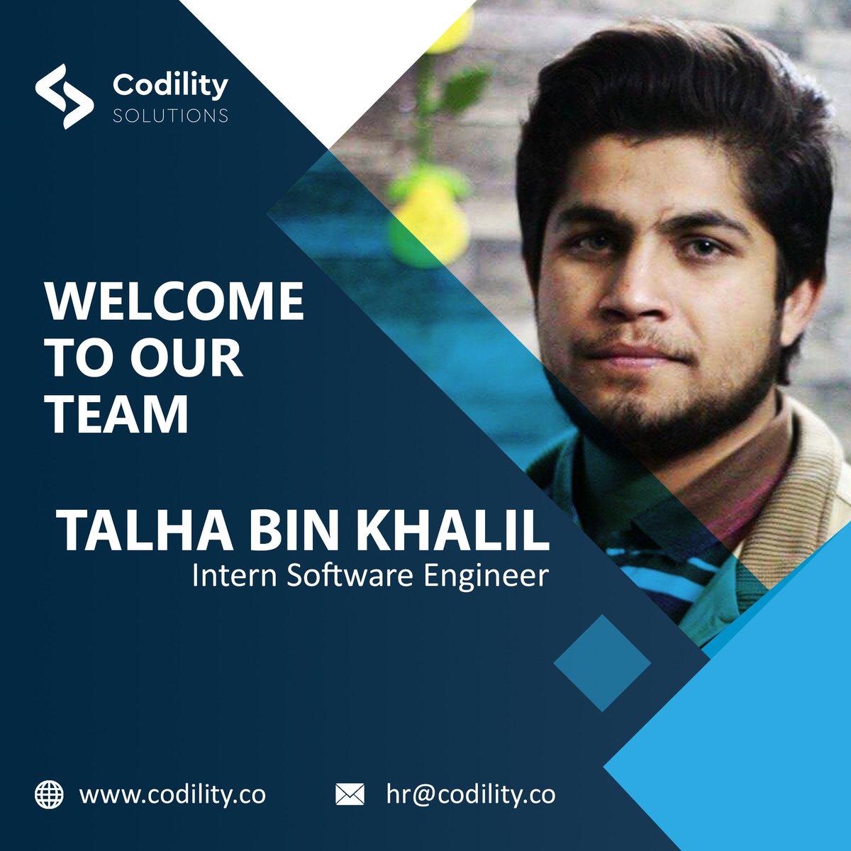 CodilitySoluti1's tweet photo. "Our team continues to grow with new emerging talent. We are delighted to welcome Talha Bin Khalil as an Intern Software Engineer in Codility family." #WelcometoCodilitySolutions https://t.co/KyC6pyaJpT