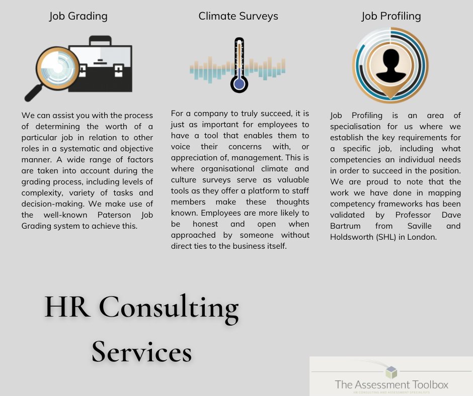 AssessmentTlbx's tweet photo. Yes, we are best known for our experience in assessments. However, we also offer HR Consulting Services including Job Profiling, Job Grading and Climate Surveys. Contact us for more information! https://t.co/bvasyb44tF #hrconsulting #assessmenttoolbox https://t.co/eiBhWZ96mw