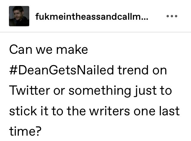 moniquesiruge's tweet photo. Saw this on tumblr so #SPNFamilyForever let’s break the internet one last time
#DeanGetsNailed https://t.co/sHqhwvHn9k