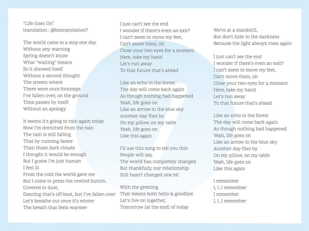 Claire Life Goes On Lyric Translation Like An Echo In The Forest The Day Will Come Back Again As Though Nothing Had Happened Yeah Life