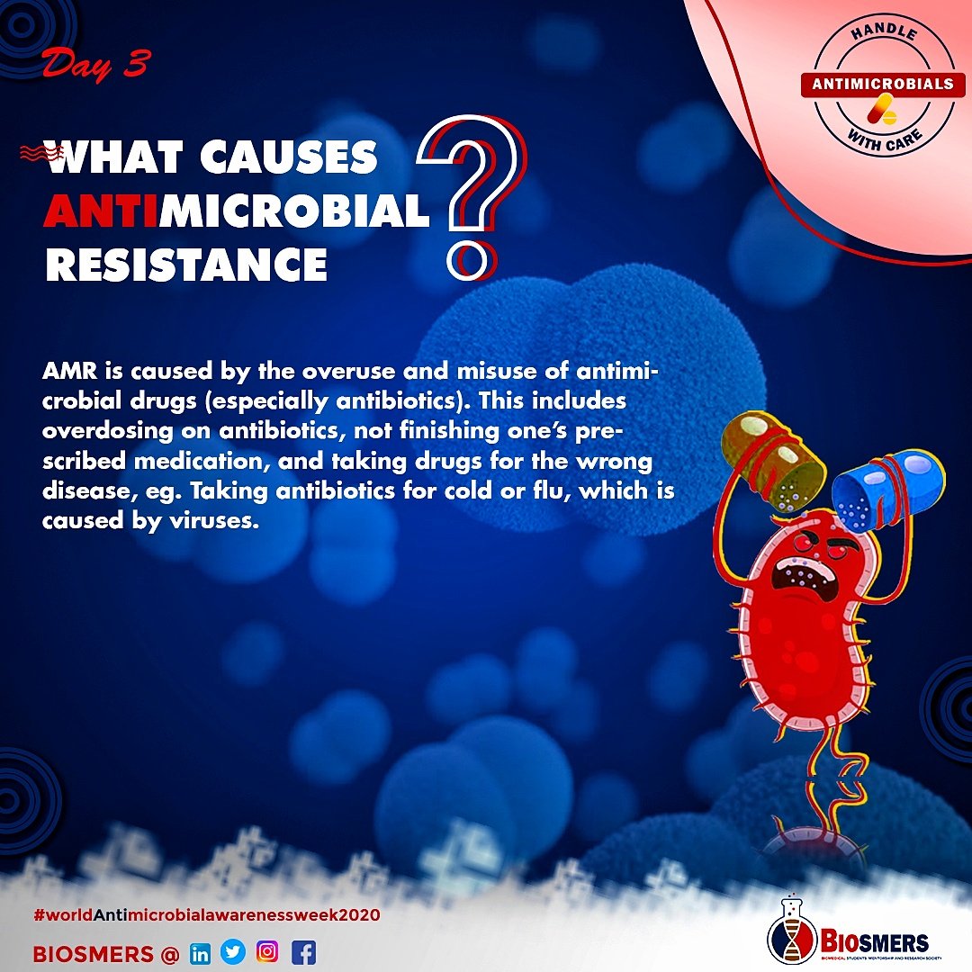 Biosmers_'s tweet photo. Day 3.
When microbes are constantly exposed to antimicrobial drugs, they develop mechanisms to counter the effects of the drug.
This makes the drug ineffective and the infection could potentially become incurable.

Always take your medications as prescribed. https://t.co/7YiES3HsAC