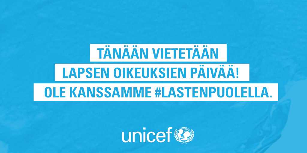 unicef_finland's tweet photo. Hyvää lapsen oikeuksien päivää!

Lapsen oikeudet tarvitsevat puolustajia. 
Kiitos, että olet kanssamme #LastenPuolella 💙

https://t.co/CMKUULoh44 

#lapsenoikeudet #lapsenoikeuksienpäivä https://t.co/l5rpJPPRfU