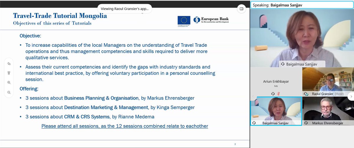 Ariun Enkhbayar (@ariunenkhbayar) on Twitter photo Preparing 🇲🇳Mongolian #tourism & #hospitality SMEs for the post covid-19 world!
With support from the 🇪🇺 European Union <a href="/europeaid/">@europeaid</a> <a href="/EUinMongolia/">EU Delegation to Mongolia</a> <a href="/EUAmbMNG/">European Union Ambassador to Mongolia</a>, the <a href="/EBRD/">The EBRD</a>'s international sector-specialists are delivering online & interactive tutorials
More 👉 bit.ly/3nHwT3S Preparing 🇲🇳Mongolian #tourism & #hospitality SMEs for the post covid-19 world!
With support from the 🇪🇺 European Union <a href="/europeaid/">@europeaid</a> <a href="/EUinMongolia/">EU Delegation to Mongolia</a> <a href="/EUAmbMNG/">European Union Ambassador to Mongolia</a>, the <a href="/EBRD/">The EBRD</a>'s international sector-specialists are delivering online & interactive tutorials
More 👉 bit.ly/3nHwT3S