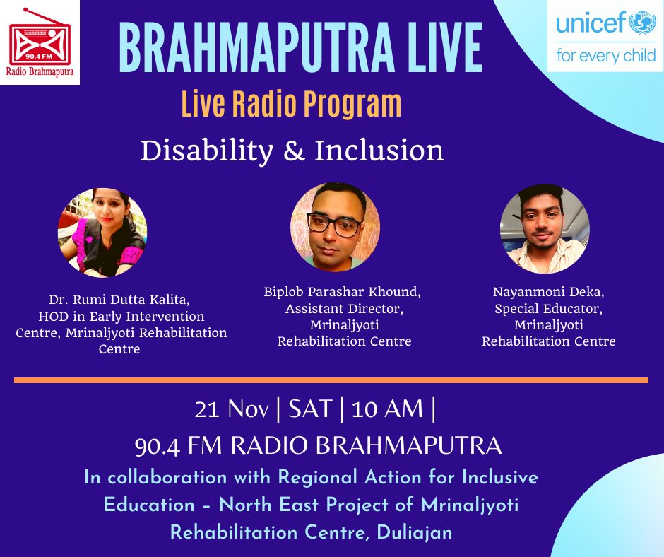 RadioBrahmaput1's tweet photo. #Disability_and_Inclusion
A Radio live program series
21 Nov| 10 AM | 90.4 Radio Brahmaputra | FB Live Radio Brahmaputra
#Understanding_Disability
#Types_Causes_of_Disability
#Identification_of_Disability
#Developmental_Milestones
@sureshparmar95 @JonathanMadhu @GitaliKakati https://t.co/vXbnyuScOe