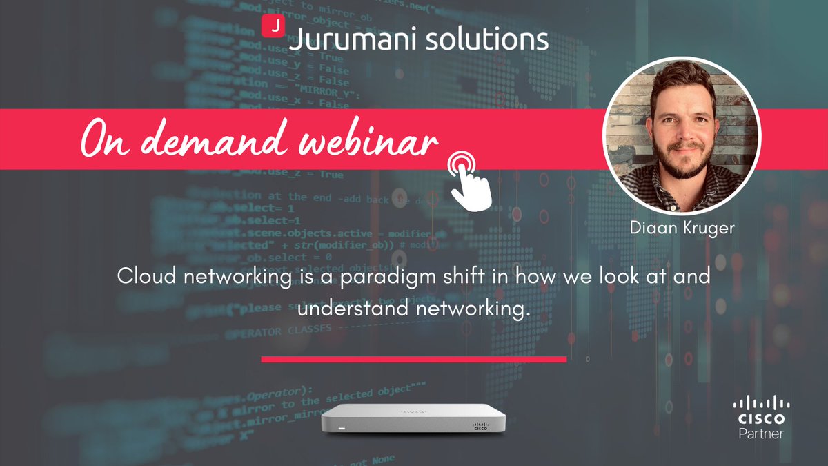 Networking should not be that complicated.

Watch this on-demand webinar to learn how Cloud networking can transform the way you do business: businessunite.clickmeeting.com/leveraging-the….  
#jurumanisolutions #technology #sdwan #cisco #meraki #cloudnetworking #webinar #joinus