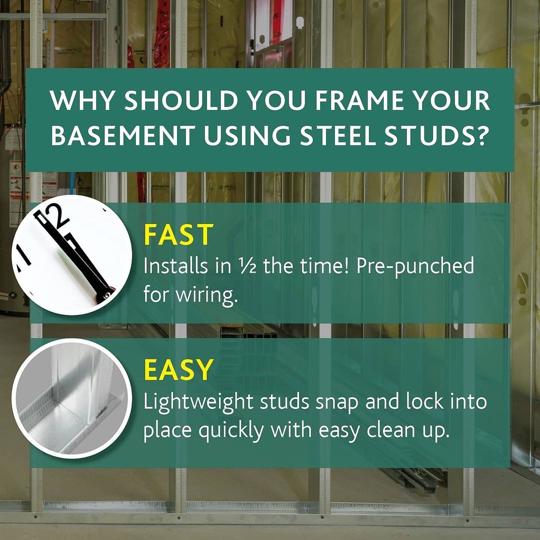 DrywallCANADA1's tweet photo. Why should you frame your basement using steel studs?
 
FAST – Installs in ½ the time! Pre-punched for wiring.
 
EASY – Lightweight studs snap and lock into place quickly with easy clean up – No saw dust! Easy to transport and handle. https://t.co/IlAX3tKtfQ