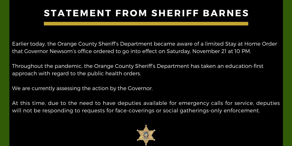 ClayTravis's tweet photo. Orange County police have announced they will not be enforcing the governor’s insane new shutdown regulations in the state of California. Good for them. https://t.co/x6qHRgSeK3