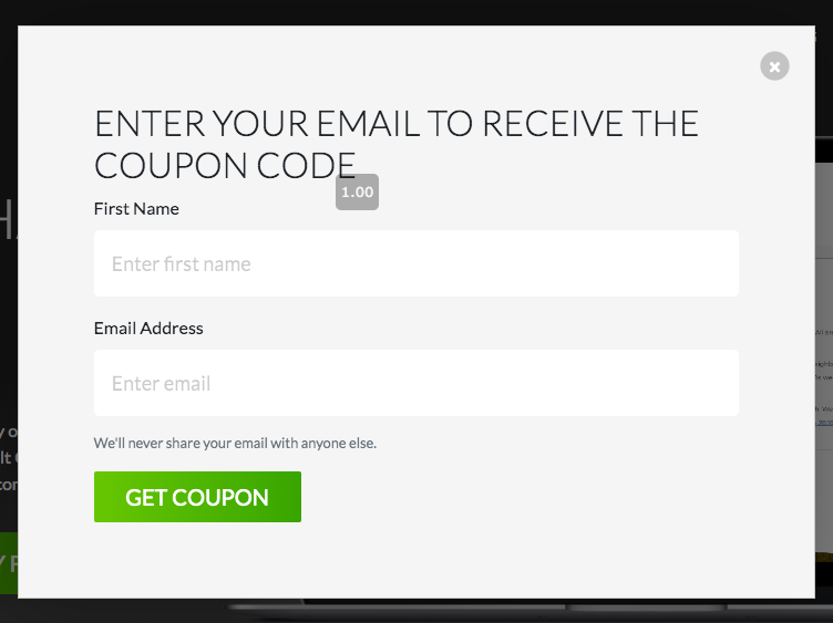 Here's the lead capture pop up: