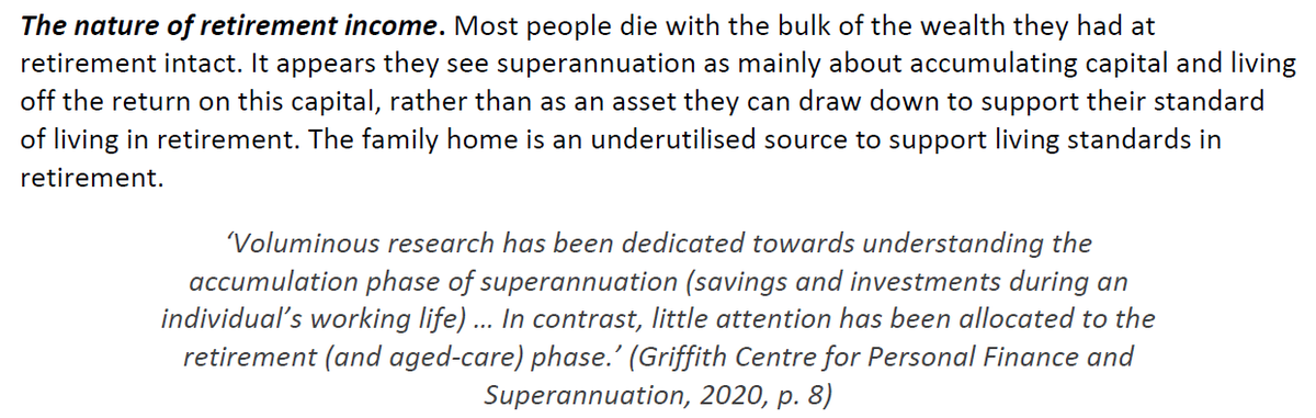 Our <a href="/GCPFS/">GriffithFinanceSuper</a> (w/ <a href="/RobertJBianchi/">Robert J. Bianchi</a> <a href="/K1rstenM/">Kirsten MacDonald</a> <a href="/tracey_west4/">Tracey West PhD</a> &amp; <a href="/OK_Wiafe/">Osei K. Wiafe</a>) sub to the <a href="/Treasury_AU/">Australian Treasury</a> #Retirement Income Review has been cited regarding the purpose of #superannuation, with little attention allocated to the retirement (and aged-care) phase (p. 23) &gt; treasury.gov.au/sites/default/…