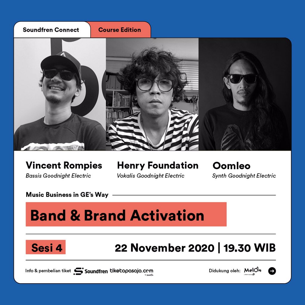 soundfren's tweet photo. Sesi terakhir di #SoundfrenConnect Course Edition bareng @goodnightelctrc
Buat kamu yang belum pernah ikutan, masih terbuka kesempatan untuk belajar bareng tentang brand activation bersama @vincentrompies, @henryfoundation, dan @oomleo.
Join sekarang! https://t.co/kGt5u8hLTm