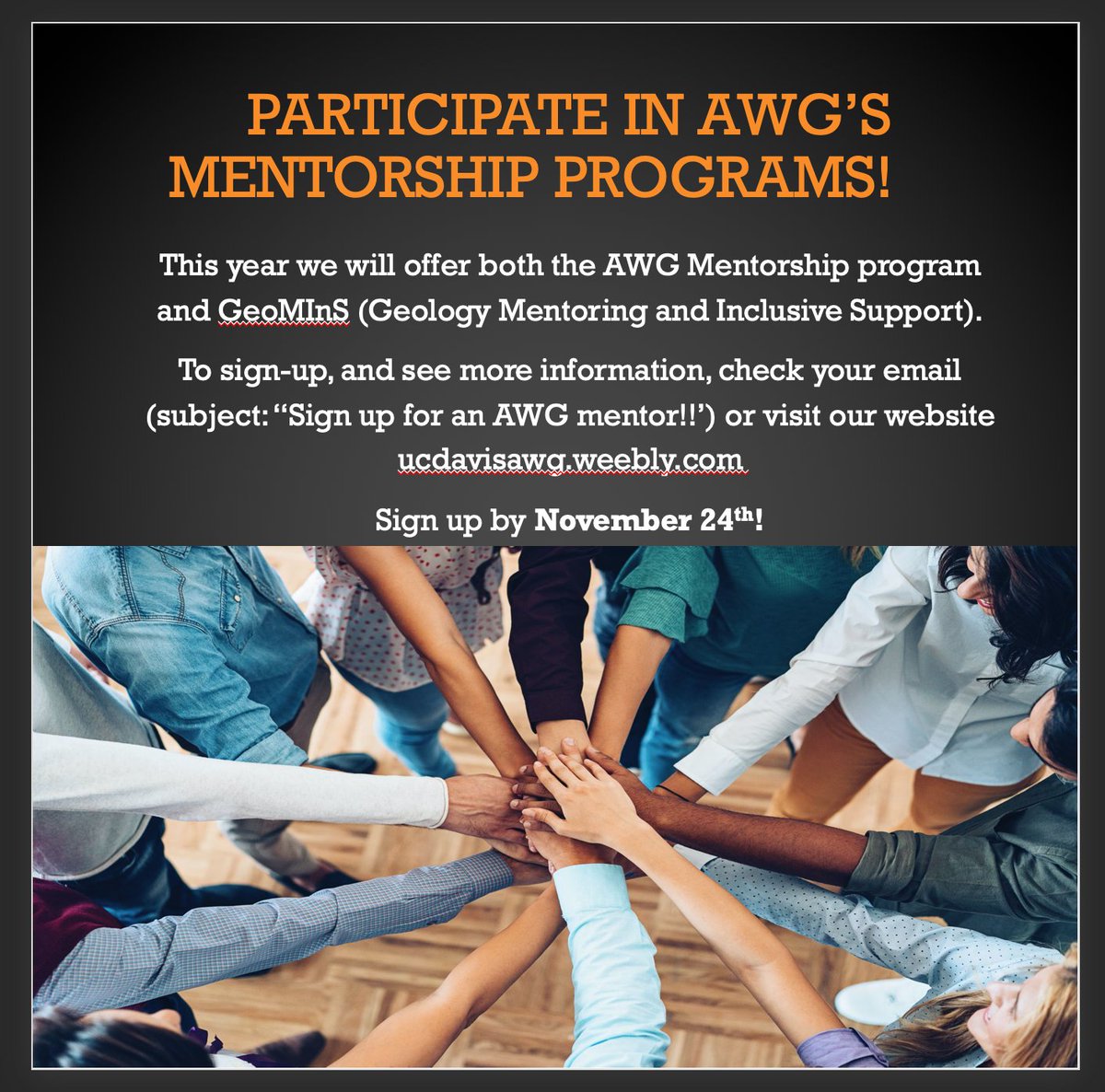 DavisAwg's tweet photo. Questions about career paths, graduate school, research, or fieldwork? Check out our mentorship programs. More information can be found at https://t.co/BDP0Lh2OIE. Sign up by 11/24! https://t.co/WsS164GTru