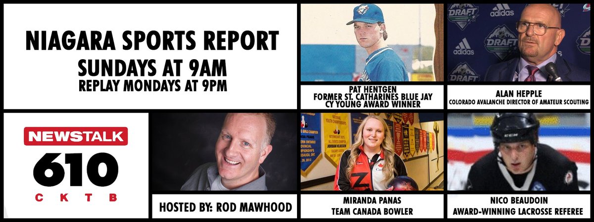 rmawhood's tweet photo. Quick...name the only former #StCatharines Blue Jay to win a Cy Young Award?
Answer: He'll be LIVE this Sunday 9-10 am on the #NiagaraSportsReport !
Former #MLBer @PHentgen
Alan Hepple of @Avalanche
@OLOAofficial award winner Nico Beaudoin
& #TeamCanada Bowler @mirandapan10 https://t.co/5FFcenkJbU