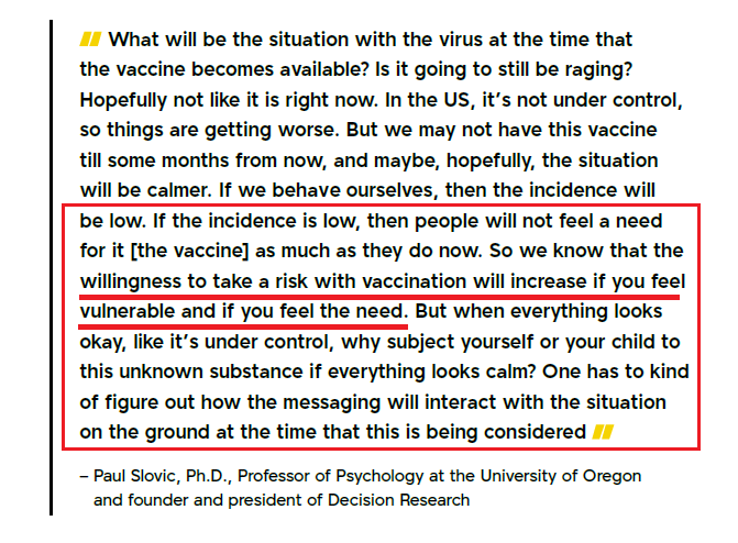 "So we know that the willingness to take a risk w/  #vaccination will increase if you feel vulnerable & if you feel the need. But when everything looks okay, like it’s under control, why subject yourself or your child tothis unknown substance if everything looks calm?" [p. 18]