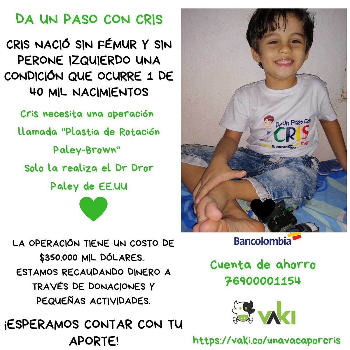 daunpasoconcris's tweet photo. Nos unimos @VakiGlobal Ayúdenos a recaudar el dinero para la cirugía de Cris en una de sus piernas.Cris está en la edad ideal para su operación. El también quiere caminar como tu.Creemos en ti @jsanchezcristo @juanpisrules @CristinaPosadaD @MONYRODRIGUEZOF https://t.co/vPcTJI8rQ6 https://t.co/iGbRMFUG0f