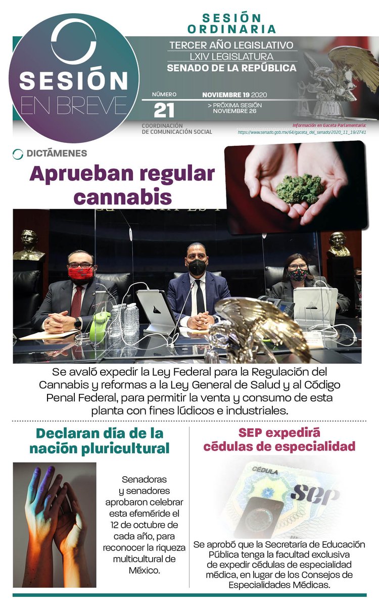 senadomexicano's tweet photo. 📌 #HoyEnElSenado se aprobó crear la Ley Federal para la Regulación del Cannabis y reformar la Ley General de Salud y el Código Penal Federal, para la regulación del #CannabisLegal. 

Conoce toda la información de las sesiones en la #SesiónEnBreve. 👇

https://t.co/5VpKytIaHN https://t.co/rbiMTmFiYF