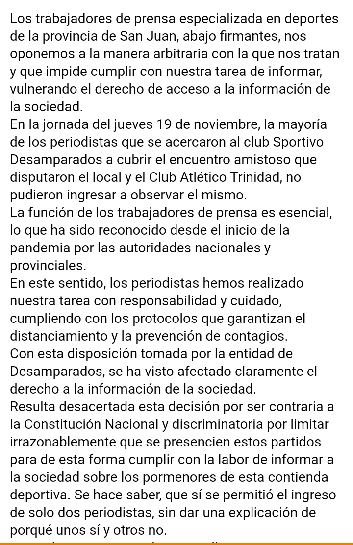 sergiorcaceres's tweet photo. Comunicado de los Trabajadores de Prensa especializados en Deporte de #SanJuan respecto a los actos de censura y discriminación llevados a cabo por el Club Sportivo Desamparados. https://t.co/WjKQG1bd8z