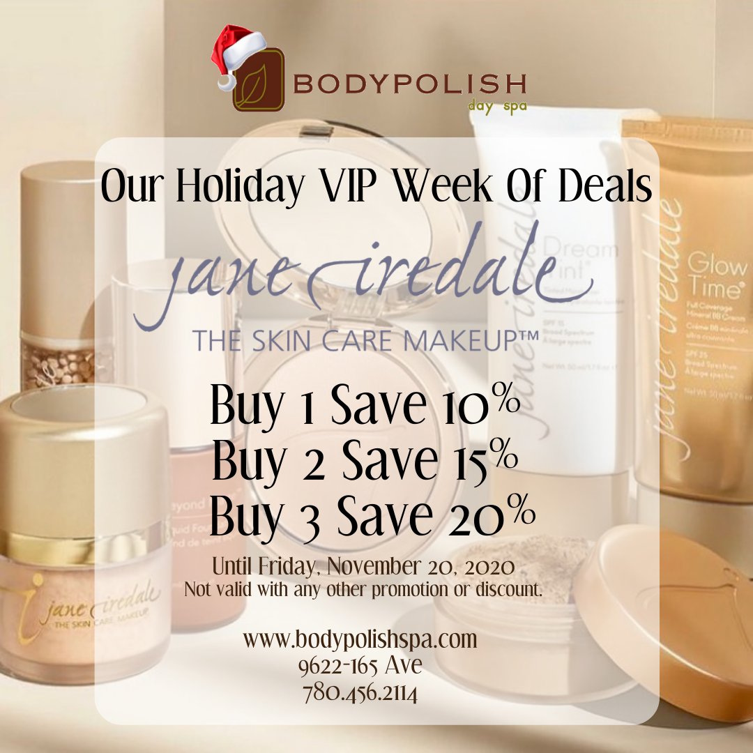 BodyPolishSpa's tweet photo. Our most popular products are on sale, but you only have tonight and tomorrow left to save on Dermalogica, Graydon and Jane Iredale - mix and match and save up to 20%. We are fully stocked up! Visit 9622-165 Ave https://t.co/6SrdALgbaG
#yegspa #dermalogica #graydon #janeiredale https://t.co/YXPF0278tK