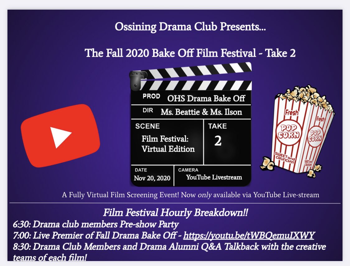 The drive is postponed, but the show will go on- virtually! We will host a Live Premier at 7PM on our Ossining Drama Youtube Channel: youtu.be/tWBQemuIXWY