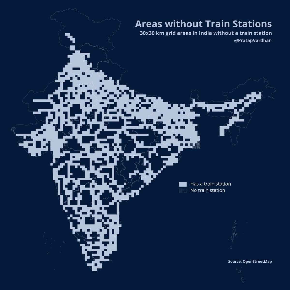 Areas without Train Stations: These are 30x30 km grid areas in India without a train station. #30DayMapChallenge Day 19: NULLData:  #openstreetmap Made:  @Matplotlib  #python  #gis