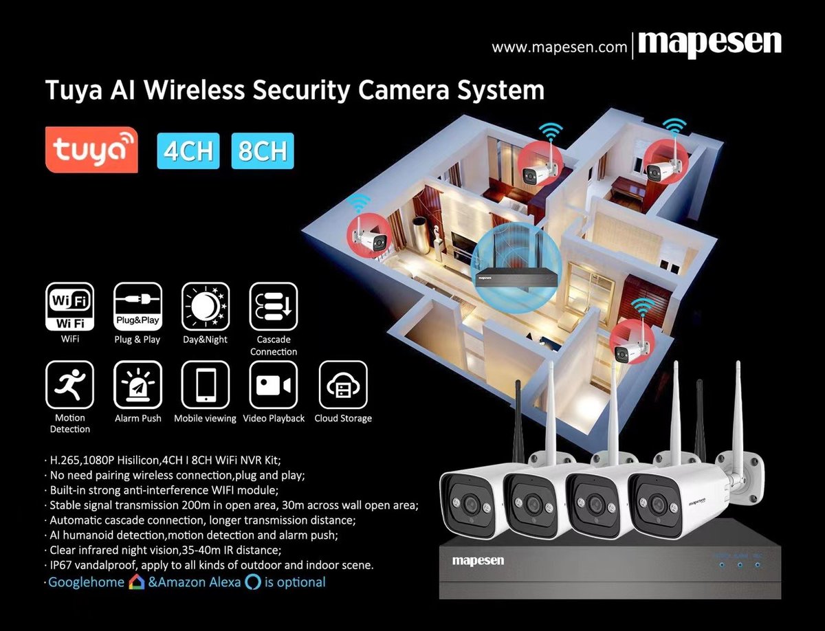 CctvMapesen's tweet image. #mapesen Tuya Wireless Security Camera System 4CH/8CH Outdoor/Indoor Use. #wirelesssecuritysystem #Aihumanioddetection #cctvsystem #homesecurity