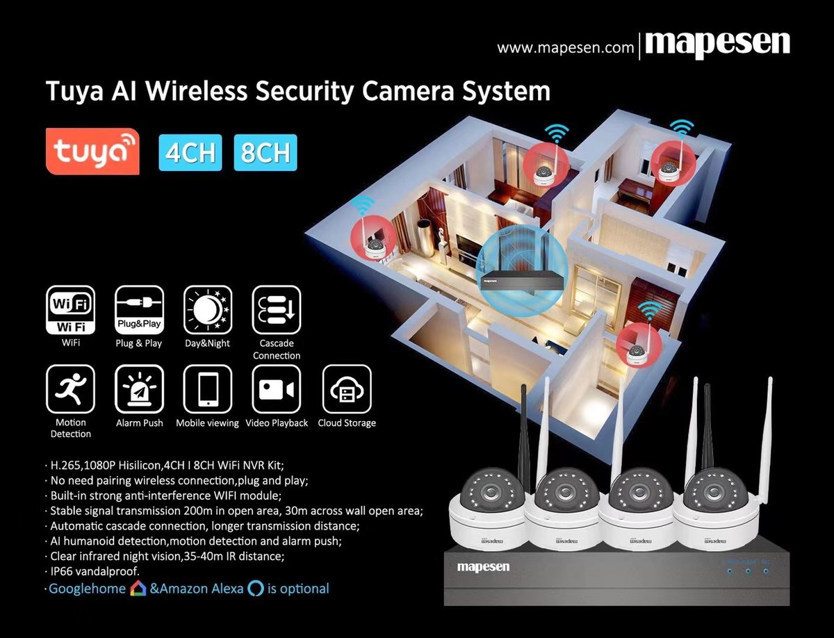 CctvMapesen's tweet image. #mapesen Tuya Wireless Security Camera System 4CH/8CH Outdoor/Indoor Use. #wirelesssecuritysystem #Aihumanioddetection #cctvsystem #homesecurity