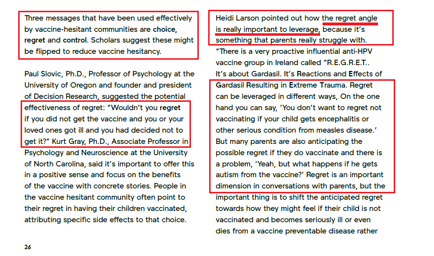 "the  #regret angle is really important to leverage, because it’s something that parents really struggle with""many parents are also anticipating the possible regret if they do vaccinate & there is a problem, ‘Yeah, but what happens if he gets  #autism from the vaccine?’..."