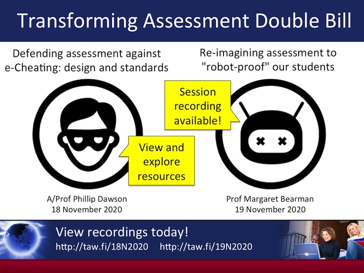 View recordings: e-Cheating: defending assessment <a href="/phillipdawson/">See me on LinkedIn - I've quit X (Phillip Dawson)</a> taw.fi/18N2020 + Robot-proof: re-imagining assessment <a href="/margaret_bea/">Margaret Bearman</a> taw.fi/19N2020 | <a href="/CRADLEdeakin/">CRADLE: Find us on Bluesky</a> <a href="/ascilite/">ASCILITE</a> <a href="/TEQSAGov/">TEQSA</a> <a href="/NCVER/">NCVER</a> <a href="/auselearn/">E-learning Strategy</a> <a href="/NewsAtNESA/">NSW Edu Standards</a> <a href="/ACENau/">ACEN</a> <a href="/AuthAssmtMat/">authenticassessment</a> <a href="/ACODEnews/">ACODE exec</a> <a href="/JISC/">Jisc</a>