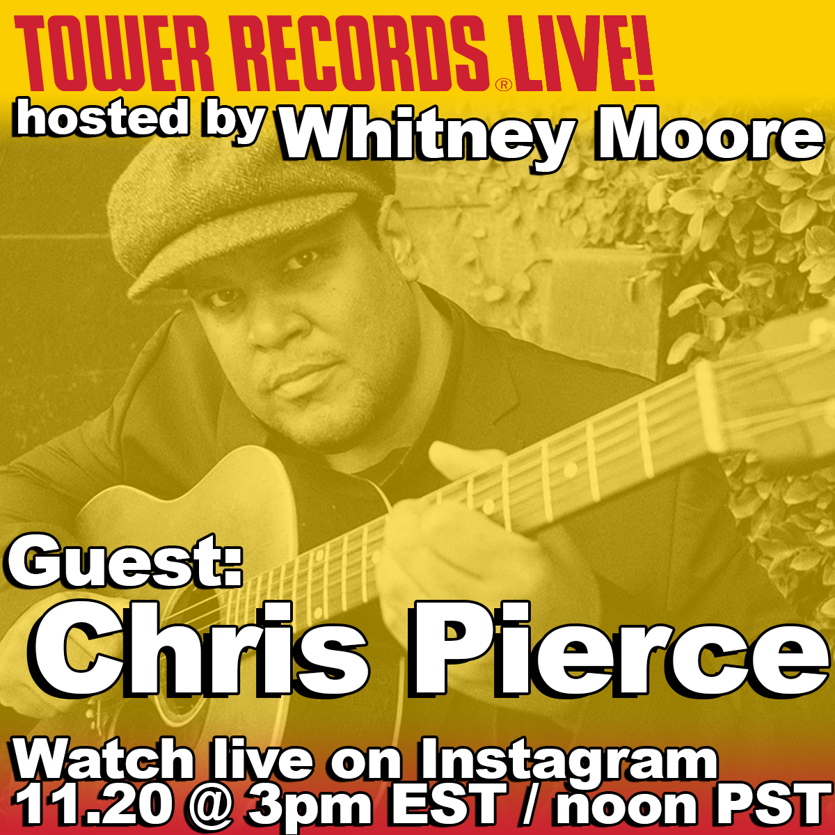 TowerRecords's tweet image. Don't miss @chrispierce today on #TowerRecordsLive! Tune in on Instagram: #OfficialTowerRecords at 12pm PST / 3pm EST with host @TweetneyMoore! 📺 #ChrisPierce @AmericanSilence #TowerRecords