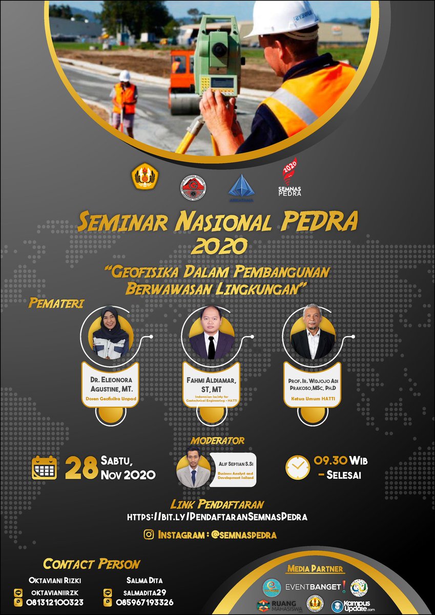 KampusUpdate's tweet photo. Himpunan Mahasiswa Geofisika PEDRA Unpad Proudly Present

Seminar Nasional dengan tema “Geofisika dalam Pembangunan Berwawasan Lingkungan“ yang akan dilaksanakan pada hari Sabtu, 28 November 2020.

Daftarkan segera!
https://t.co/zwKdrUkQ04

#infoseminar #semnas #seminargeofisika https://t.co/lCBlbgS8SJ