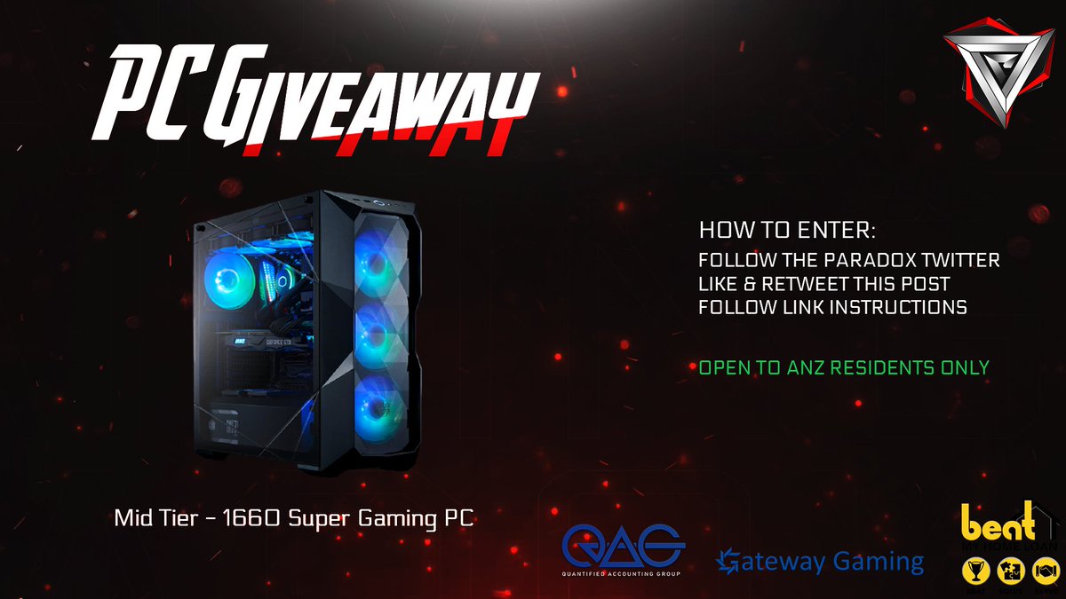 COVID got you down? Bad 2020?

Paradox Esports will be giving 1 lucky winner a PC!

In order to enter, follow the instructions in the link below:

gleam.io/jxyj0/paradox-…

Open to Australia &amp; New Zealand Residents Only. 

Upon winner announcement - further news will be provided!