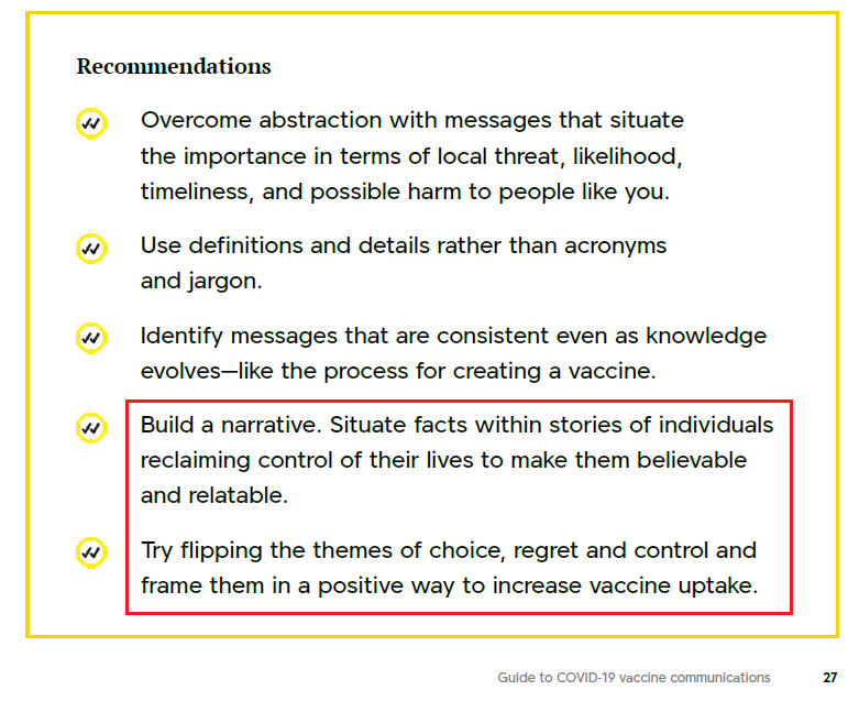 "Build a narrative. Situate facts within  #stories of individualsreclaiming control of their lives to make them  #believable&  #relatable.""Try flipping the themes of choice, regret and control &frame them in a positive way to increase  #vaccine uptake."[p. 27]