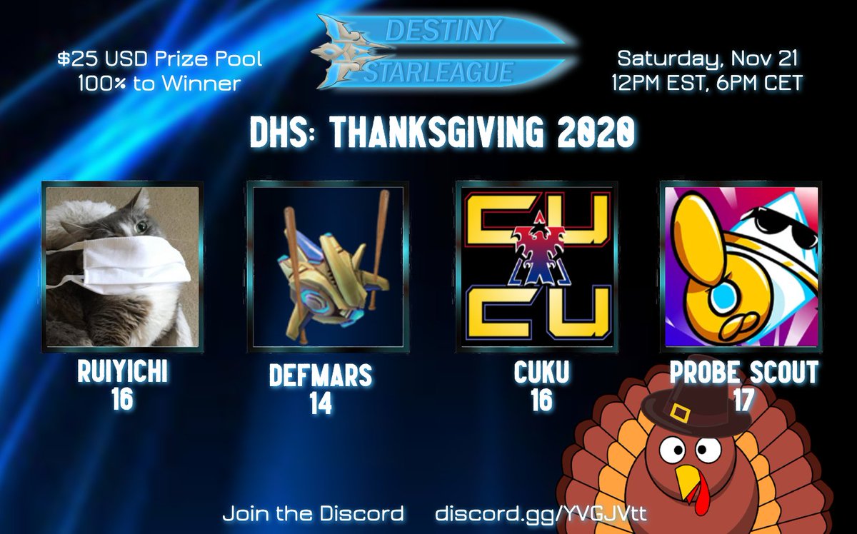DestinySLeague's tweet photo. Your DHS: Thanksgiving 2020 Participants! On Saturday, November 21, 2020 at 18:00 CET These 4 Will Go Head to Head! https://t.co/UgsbOuGgG9