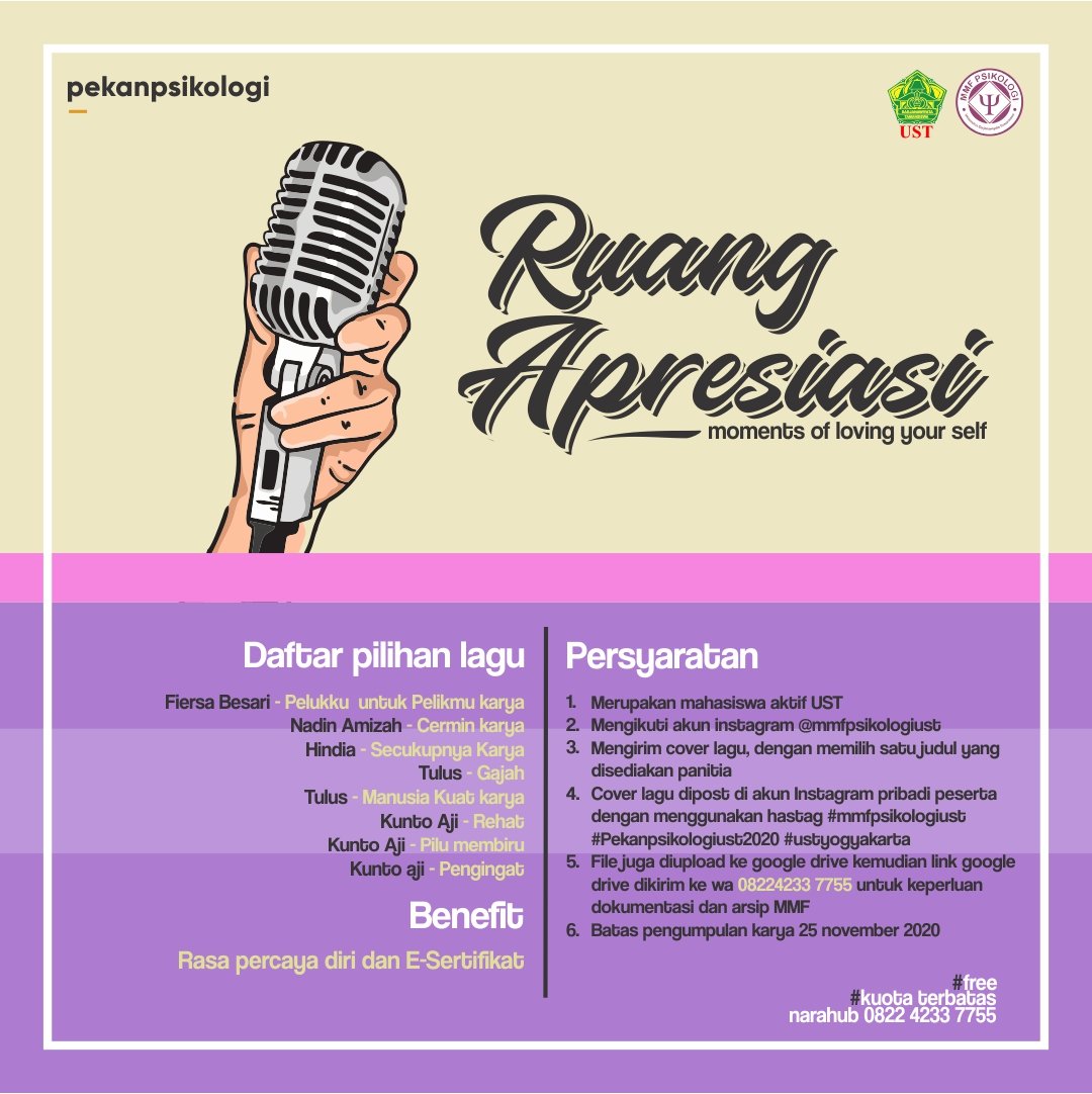 [ Pekan Psikologi ]

Halo, Pekan Psikologi balik lagi nih! Dengan mengusung tema "Moments of Loving Yourself", kalian bisa ikut berpartisipasi dengan mengirimkan hasil karya berupa, foto, gambar atau lukisan, dan cover lagu

Ketentuan lebih lanjut cek pamflet dibawah, ya!