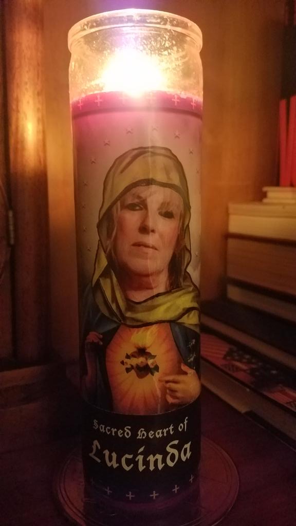 WjLukach's tweet photo. @HappyWoman9  Just watched your Dylan show. Very powerful and pure. Your comments on having artists you look up to were spot on.  Playing your songs now to the candle my daughter made as a birthday gift to me.  God bless you Sacred Heart of Lucinda. https://t.co/SzPo0UZMs1