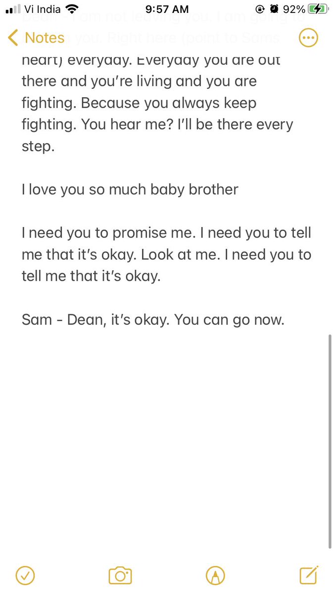 #SPNSPOILERS 

Deans last words to Sam - 

I had to do this. I couldn’t sit with this alone. I had to write it out to look at it and cry. 

#JensenAckles #JaredPadalecki #Supernatural #CarryOn