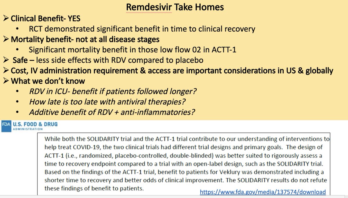 24/ Annie also covered remdesivir controversy, reconciling seemingly conflicting study results. Still feels that benefits seen in ACTT-1 study for patients on low-flow oxygen justify its continued use, notwithstanding the negative results of SOLIDARITY study. Summarized on Fig L.