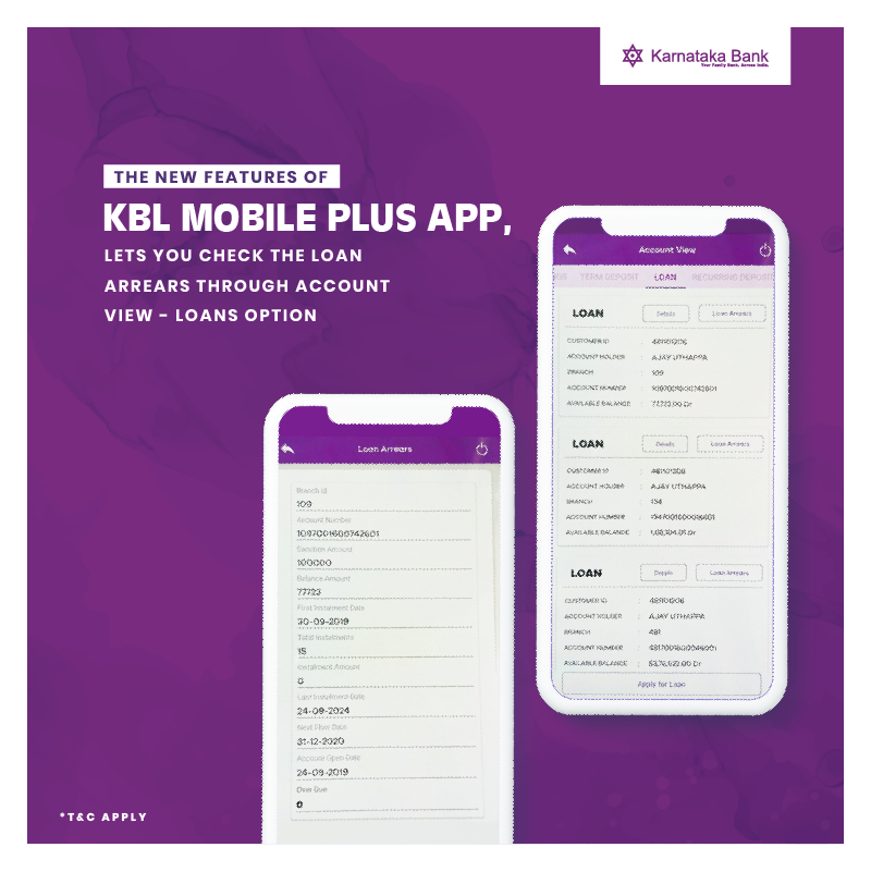 KarnatakaBank's tweet photo. With the new features of KBL Mobile Plus App you can now check the loan arrears, by clicking on the ‘Loan’ options. To know more, visit https://t.co/cyS9aXeB81
#Karnatakabank #KBLMobilePlus #mobilebanking #newfeatures #digitalbanking #onlinebanking #easybanking #safebanking https://t.co/UpxpAz6apv