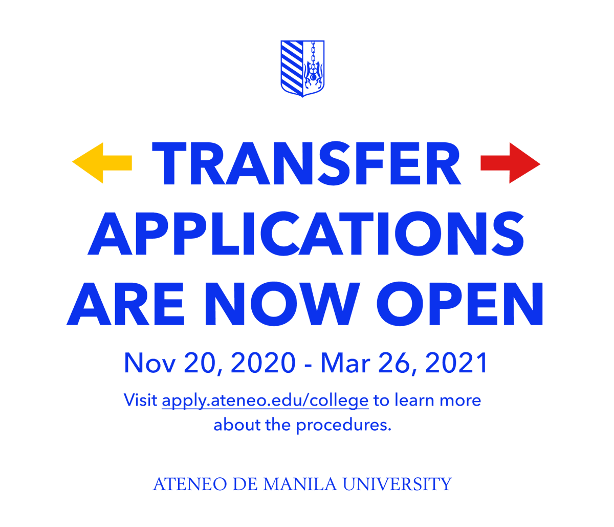 TeamAMDG's tweet photo. ATTENTION: Students from other colleges and universities

Do you want to transfer to Ateneo de Manila University for SY 2021-2022?

Be an Atenean! 💙 https://t.co/Kvz92RzGJi