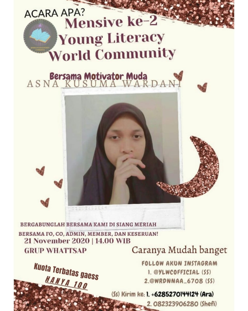 LiteracyYoung's tweet photo. Hai Sahabat Literasi💐 

Ada info nihh dari mimin🤭

👩🏻‍🦰 : "Info apa tuh kak?"

Info Seminar Akbar, Pemateri nya kece loh bareng kak @wrdnnaa_6708
🤭
Kuata terbatas! Yaudah tinggal apalagi, ayo buruan ikut🤭💐
...

#seminar #onlinestore #seminaronlinegratis #literasi #material https://t.co/He4oFenJWv