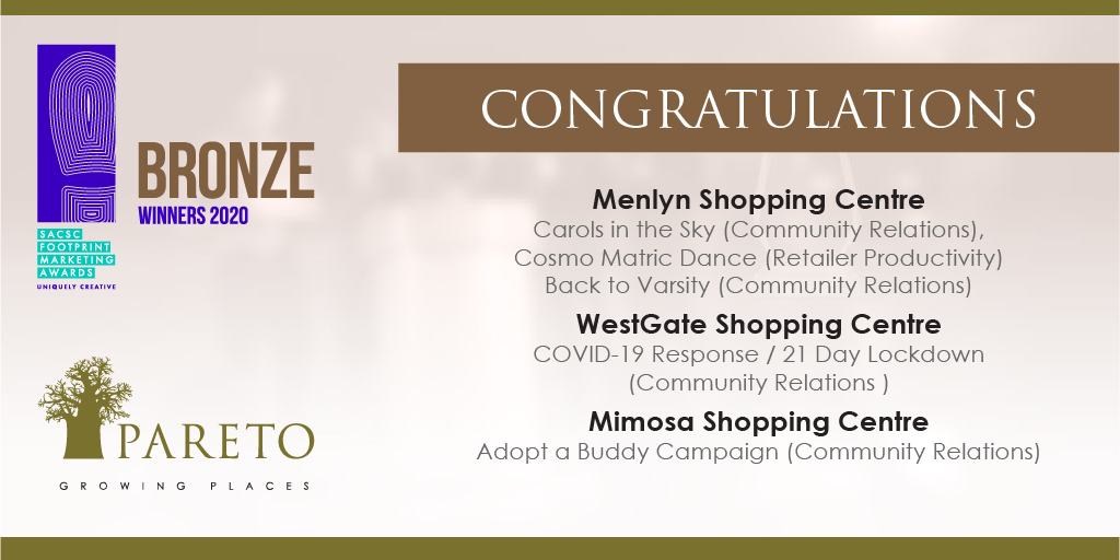 ParetoLtd's tweet photo. Congratulations to Menlyn Park Shopping Centre ,Westgate Shopping Centre and Mimosa Mall for receiving bronze awards at the SACSC Footprint Marketing awards for various categories.
#paretolimited
#sacscawards 
#menlynshoppingcentre
#WestgateShoppingCentre
#mimosamall https://t.co/jA7G7FWnrK
