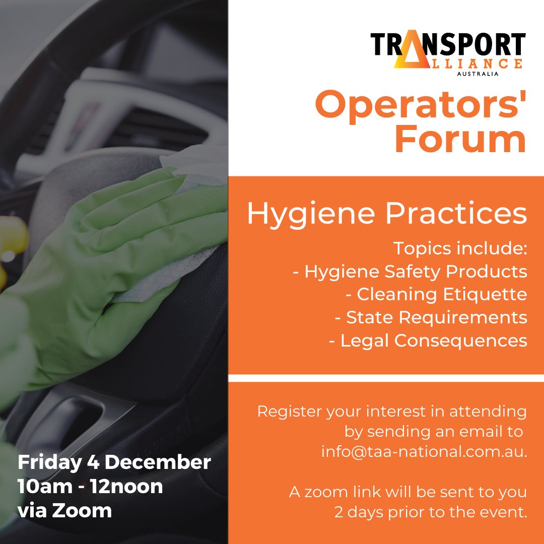 RSVP by sending an email to info@taa-national.com.au or via our website at taa-national.com.au!

#cvaus #hygienepractices #taa #transportallianceaustralia #taxioperator #hirecaroperator #operators #hygienesafety #cleaningetiquette #taxi #hirecar #transportaustralia