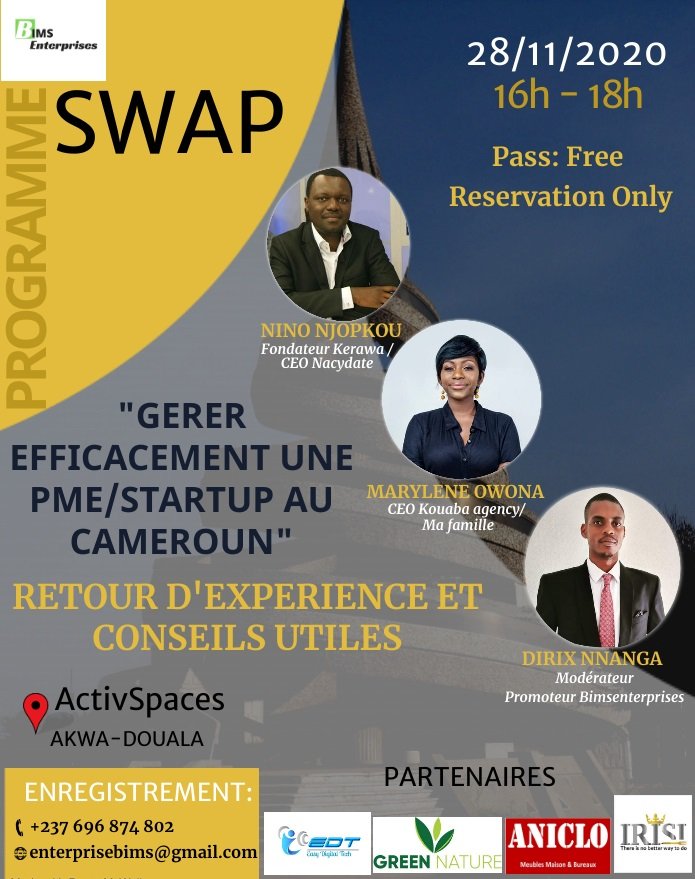 Tresor_Dirix's tweet photo. Le Rdv est pris pour Douala cette fois.
Vous êtes cordialement invité(e) à prendre part au prochain #Programme_SWAP qui se tiendra le samedi 28/11/2020 16h-18h à @ActivSpaces Douala-Akwa. Avec pour intervenants @yn3 et @Ma_ow
PS: Pass Free by reservation only
#BIMS_Enterprises https://t.co/3zGDEepG17